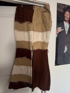 Fashion Nova Two-Tone Patchwork Flare Pants in Brown & Tan